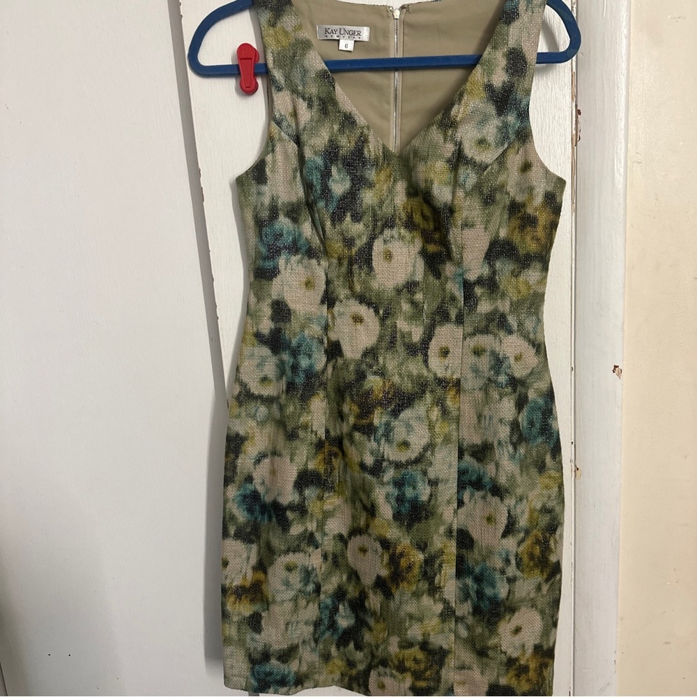 Kay Unger Beige green black cotton metallic sleeveless dress size 6 - Picture 2 of 11
